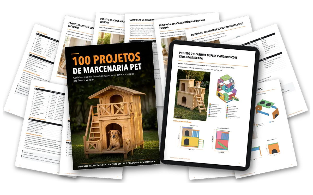 Capa do PDF sobre um leque de folhas de projeto e um tablet com o projeto 01 aberto