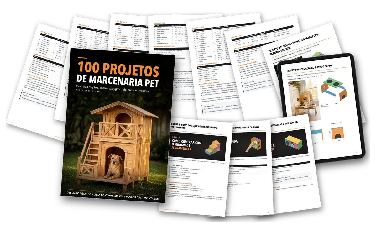 Capa grande, leque de folhas de projeto, as 3 aberturas de bônus e tablet com o projeto 86